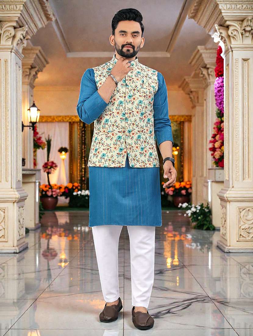 men printed mandarin neck kurta pyjama with jacket set
