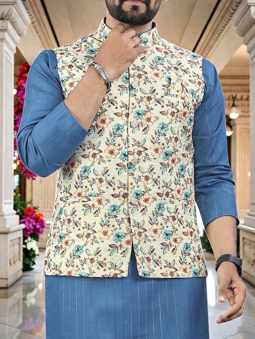 men printed mandarin neck kurta pyjama with jacket set - 22595059 -  Standard Image - 1