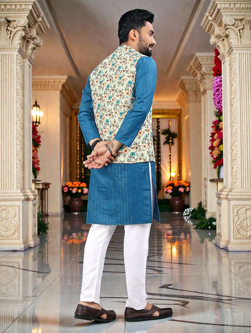 men printed mandarin neck kurta pyjama with jacket set - 22595059 -  Standard Image - 4