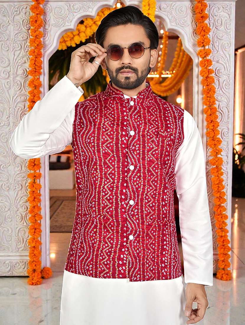 Men Bandhani Printed Mandarin Neck Nehru Jacket - 22595091 -  Standard Image - 1