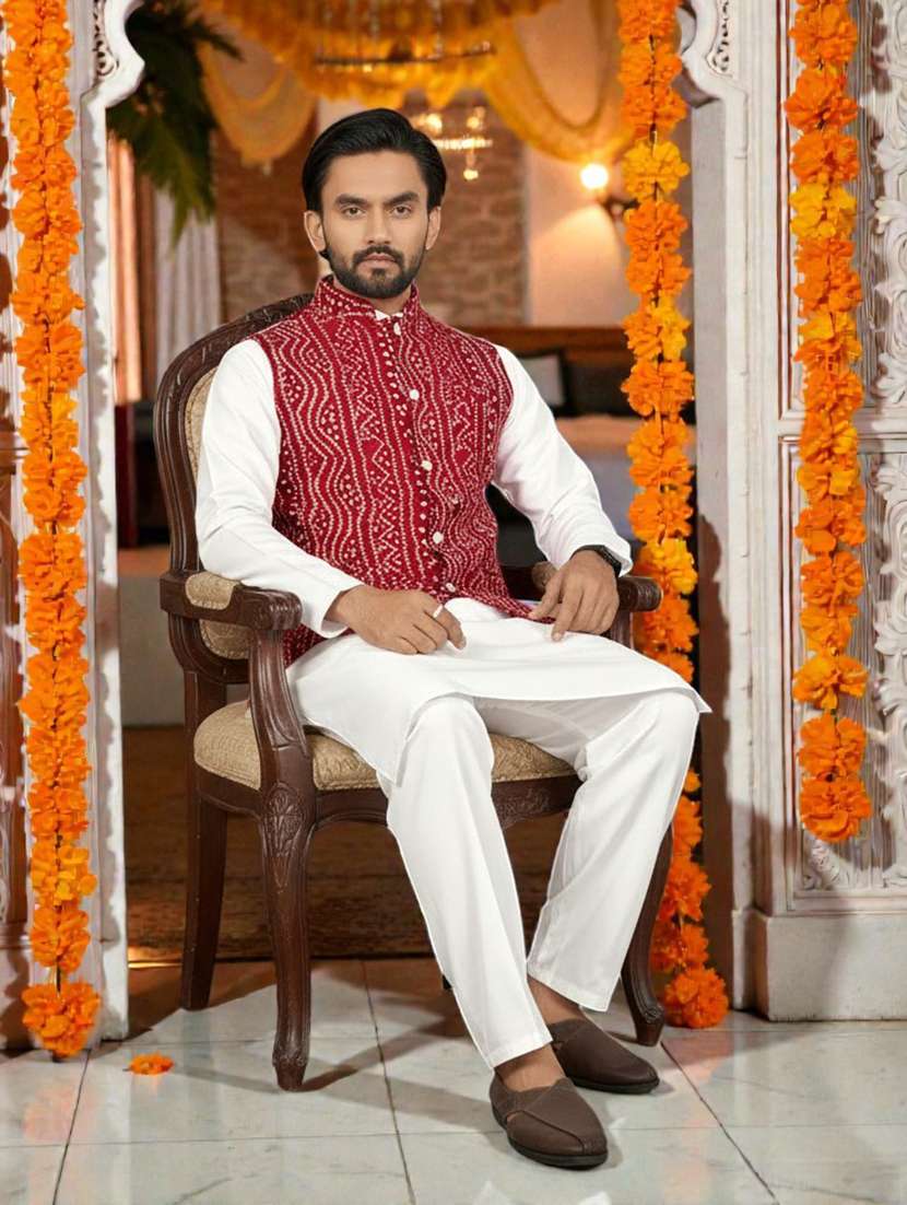 Men Bandhani Printed Mandarin Neck Nehru Jacket - 22595091 -  Standard Image - 4