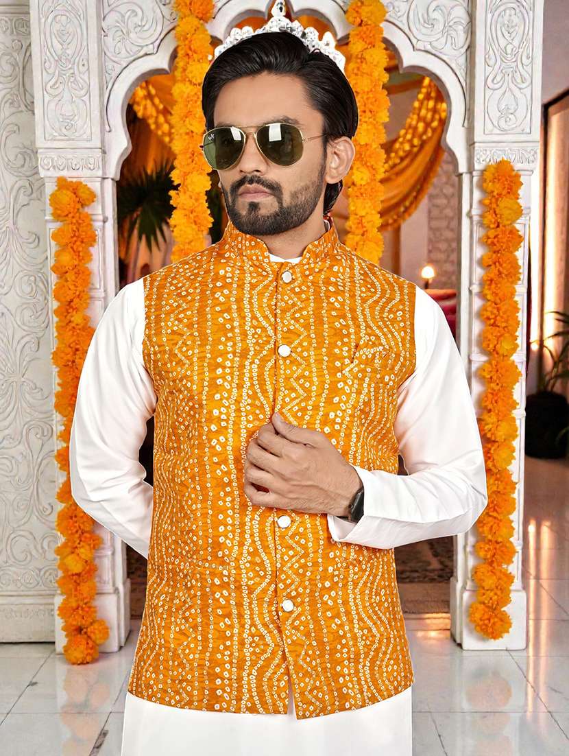 Men Bandhani Printed Mandarin Neck Nehru Jacket - 22595092 -  Standard Image - 1