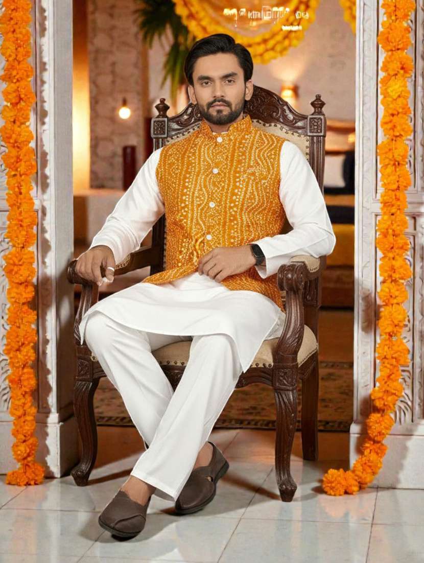 Men Bandhani Printed Mandarin Neck Nehru Jacket - 22595092 -  Standard Image - 4