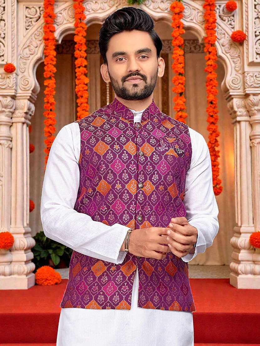men self design mandarin neck nehru jacket - 22595099 -  Standard Image - 1