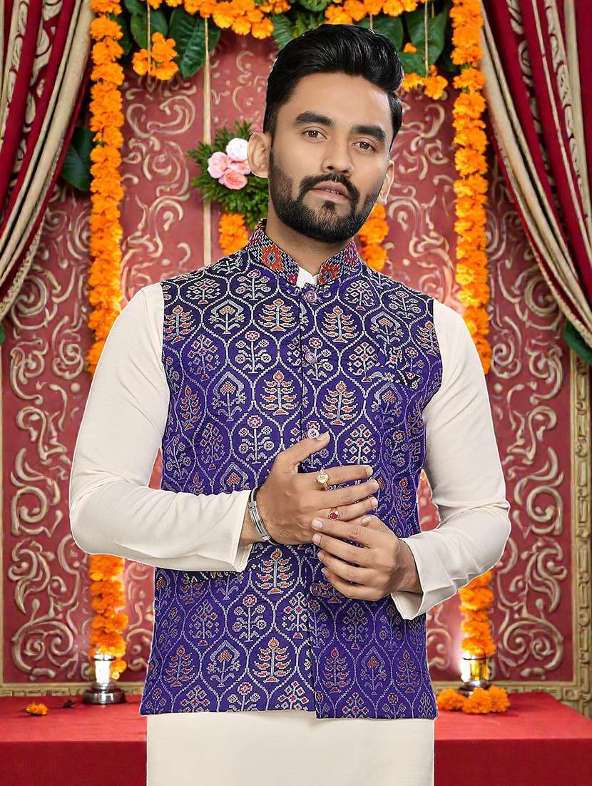 men self design mandarin neck nehru jacket - 22595103 -  Standard Image - 1