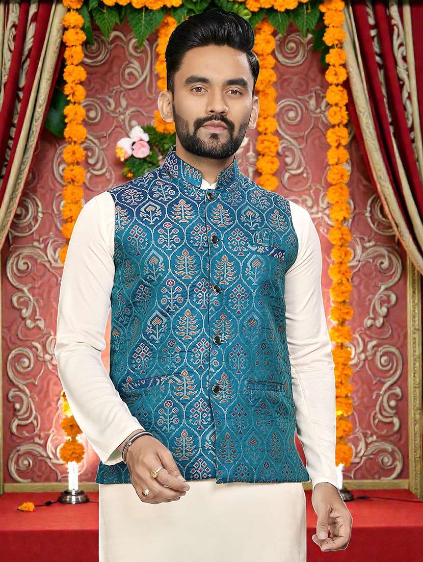 men self design mandarin neck nehru jacket - 22595104 -  Standard Image - 1