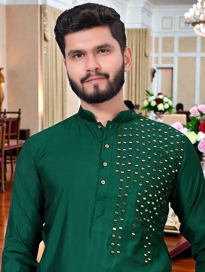 Men Solid With Work Mandarin Neck Long Kurta - 22595114 -  Standard Image - 1