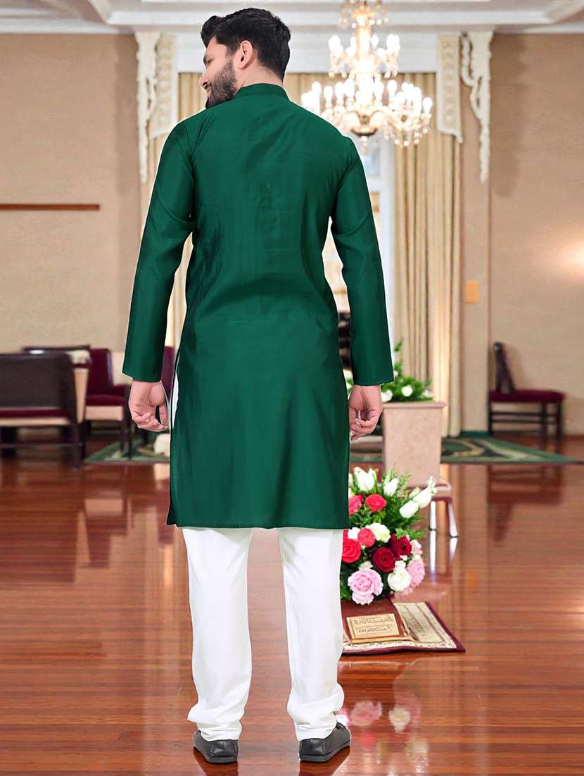 Men Solid With Work Mandarin Neck Long Kurta - 22595114 -  Standard Image - 4