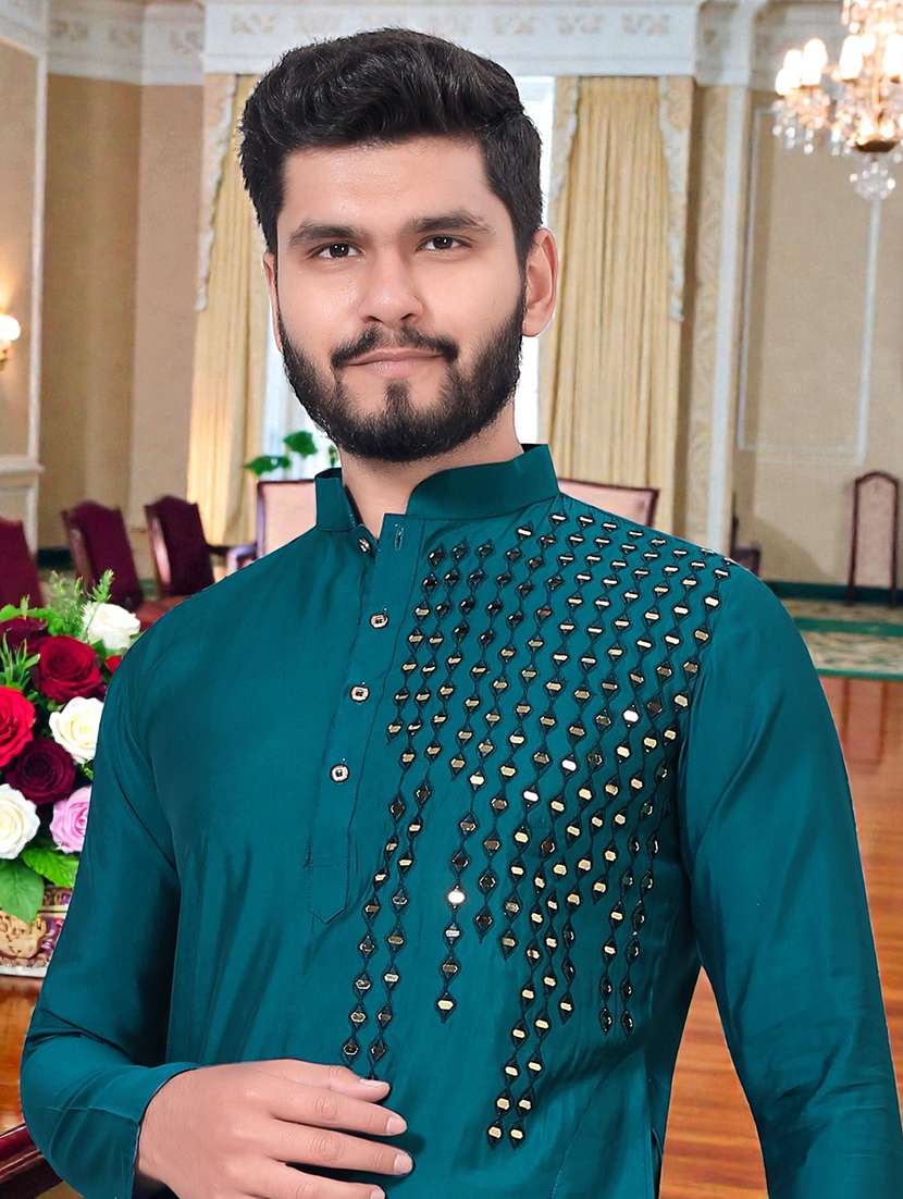 men solid with work mandarin neck long kurta - 22595115 -  Standard Image - 1