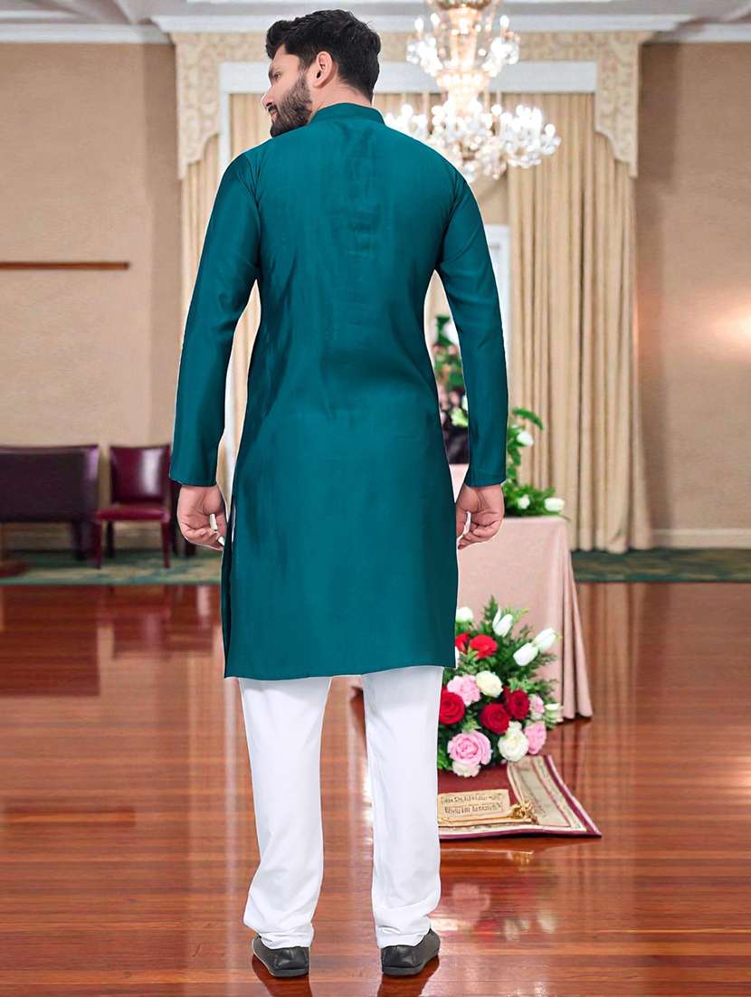 men solid with work mandarin neck long kurta - 22595115 -  Standard Image - 4