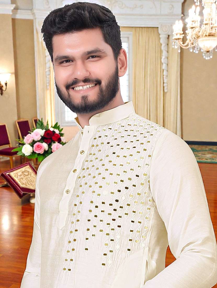men solid with work mandarin neck long kurta - 22595117 -  Standard Image - 1