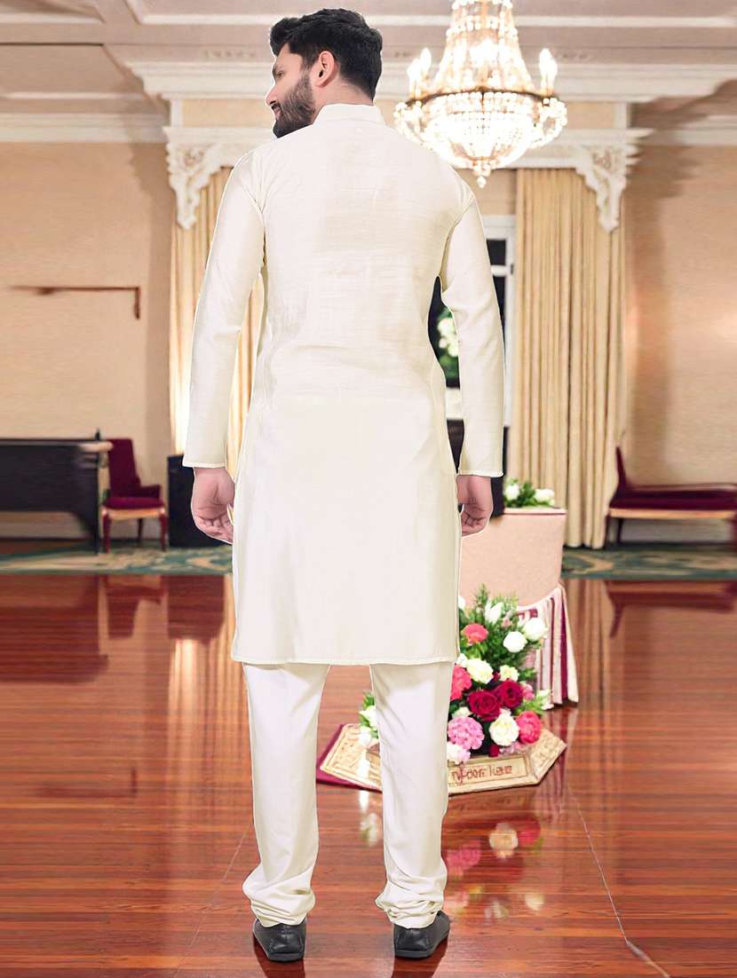 men solid with work mandarin neck long kurta - 22595117 -  Standard Image - 4