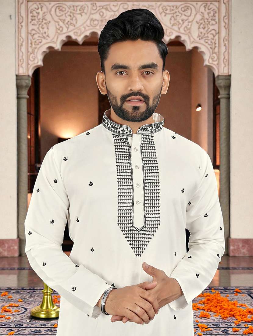 men solid with work mandarin neck long kurta - 22595119 -  Standard Image - 1