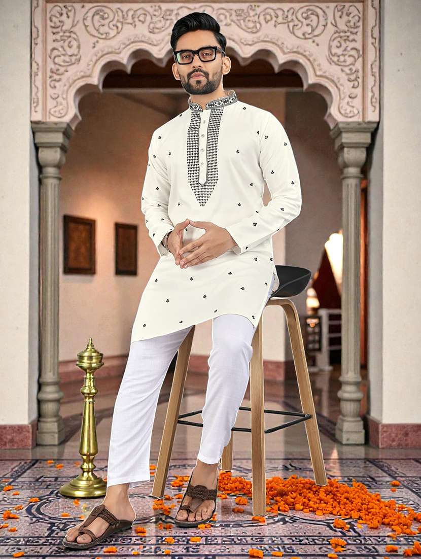 men solid with work mandarin neck long kurta - 22595119 -  Standard Image - 4