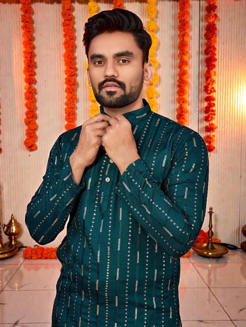 men solid with work mandarin neck long kurta - 22595125 -  Standard Image - 1