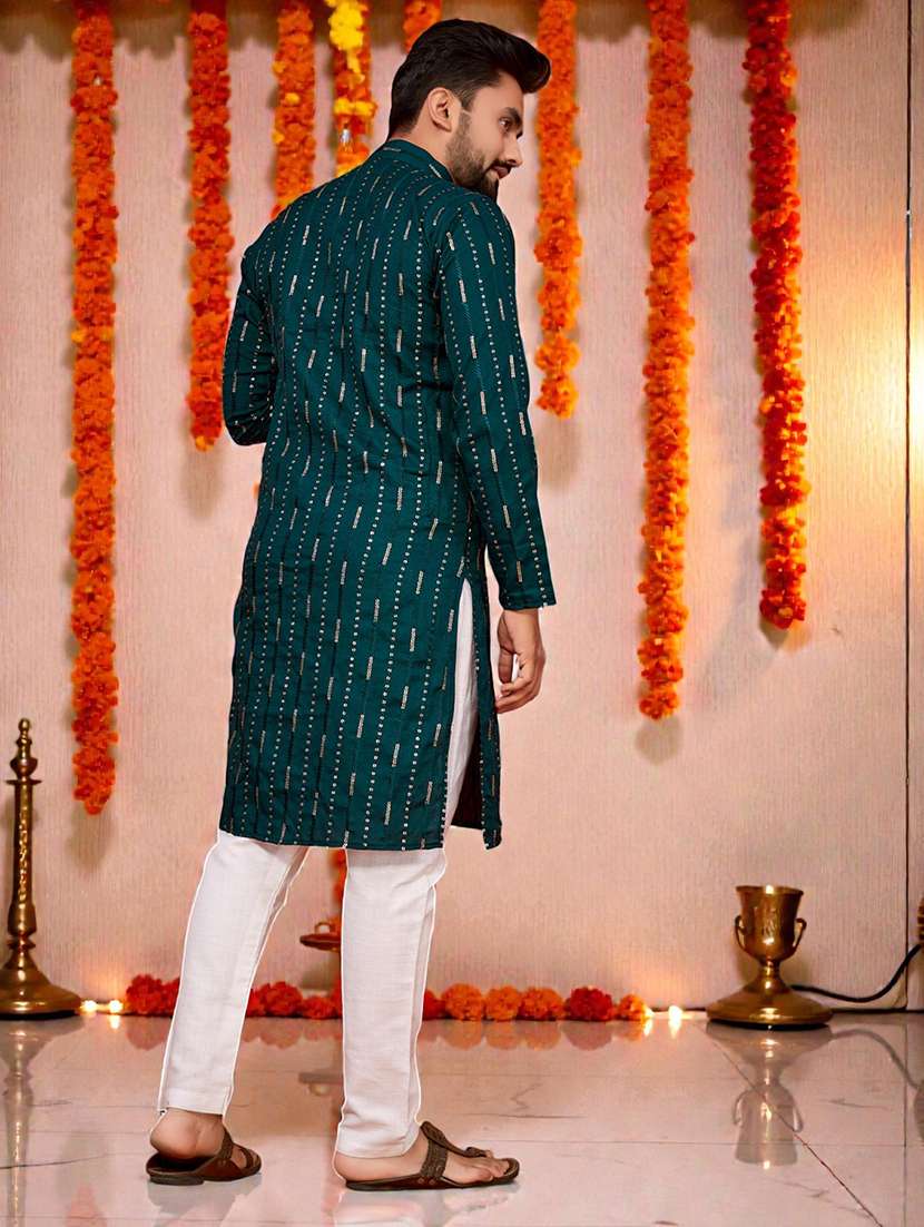 men solid with work mandarin neck long kurta - 22595125 -  Standard Image - 4