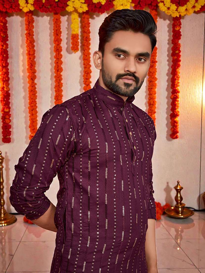 men solid with work mandarin neck long kurta - 22595128 -  Standard Image - 1