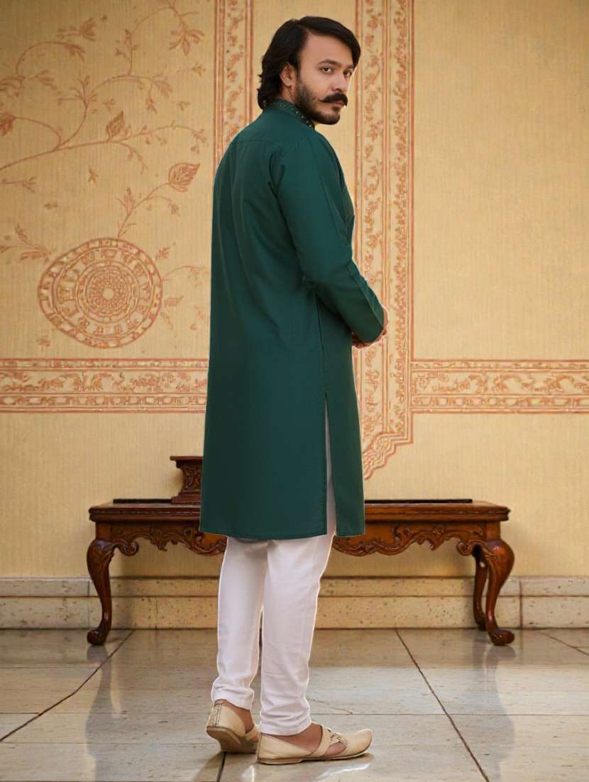 Men Solid With Work Mandarin Neck Long Kurta - 22595130 -  Standard Image - 4