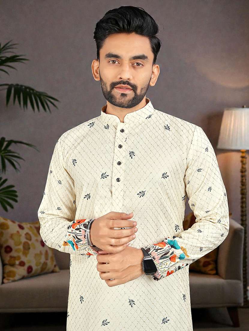 men printed mandarin neck long kurta - 22595150 -  Standard Image - 1