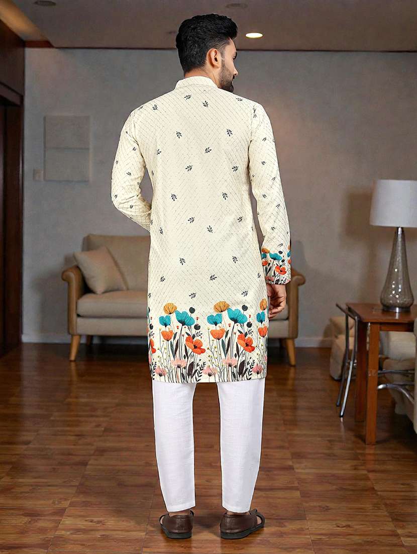 men printed mandarin neck long kurta - 22595150 -  Standard Image - 4