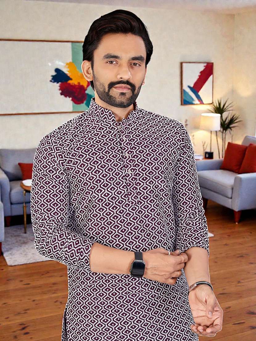 Men Solid With Work Mandarin Neck Long Kurta - 22595163 -  Standard Image - 1