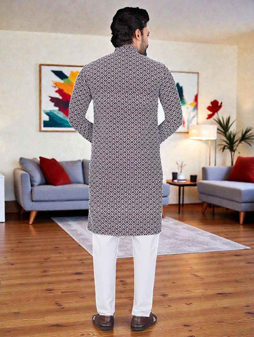 Men Solid With Work Mandarin Neck Long Kurta - 22595163 -  Standard Image - 4