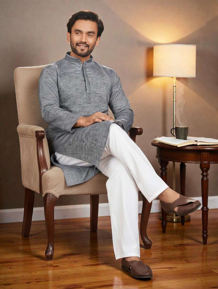 Men Self Design Mandarin Neck Long Kurta - 22595164 -  Standard Image - 4