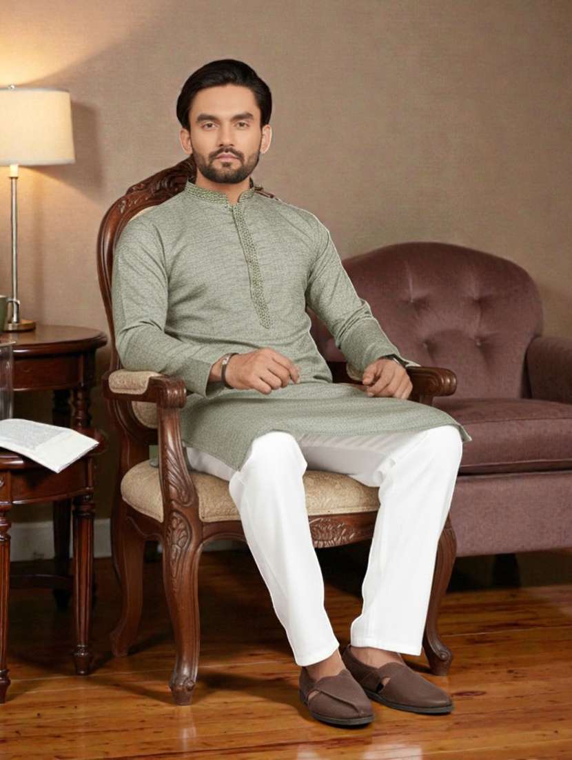 Men Self Design Mandarin Neck Long Kurta - 22595167 -  Standard Image - 4