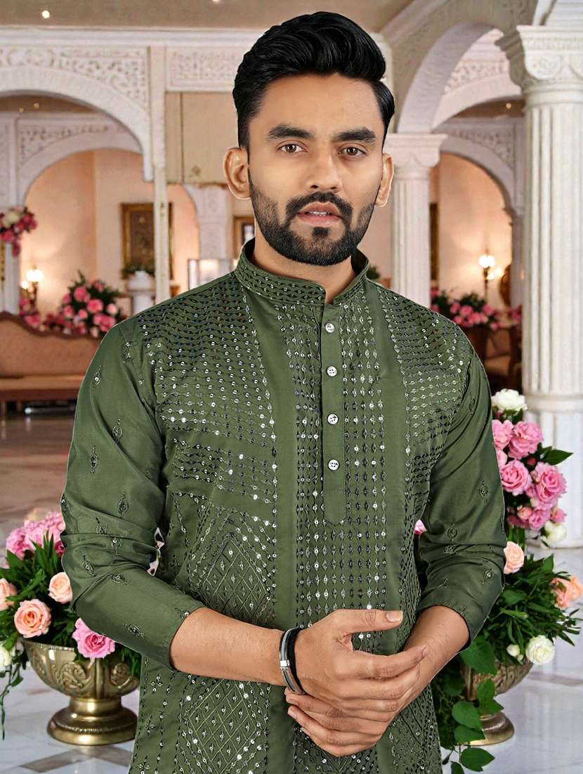 men solid with work mandarin neck long kurta - 22595178 -  Standard Image - 1
