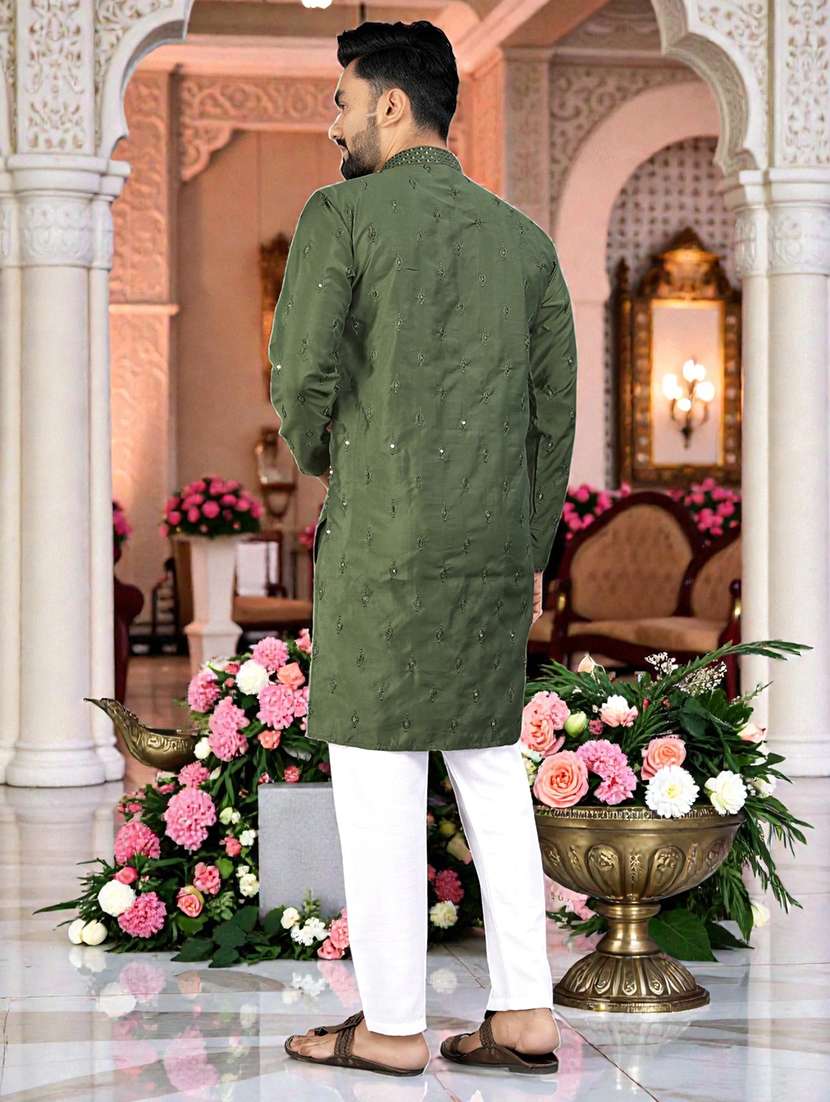 men solid with work mandarin neck long kurta - 22595178 -  Standard Image - 4