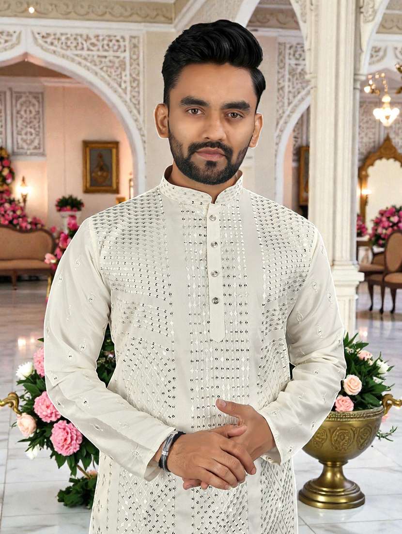 men solid with work mandarin neck long kurta - 22595179 -  Standard Image - 1