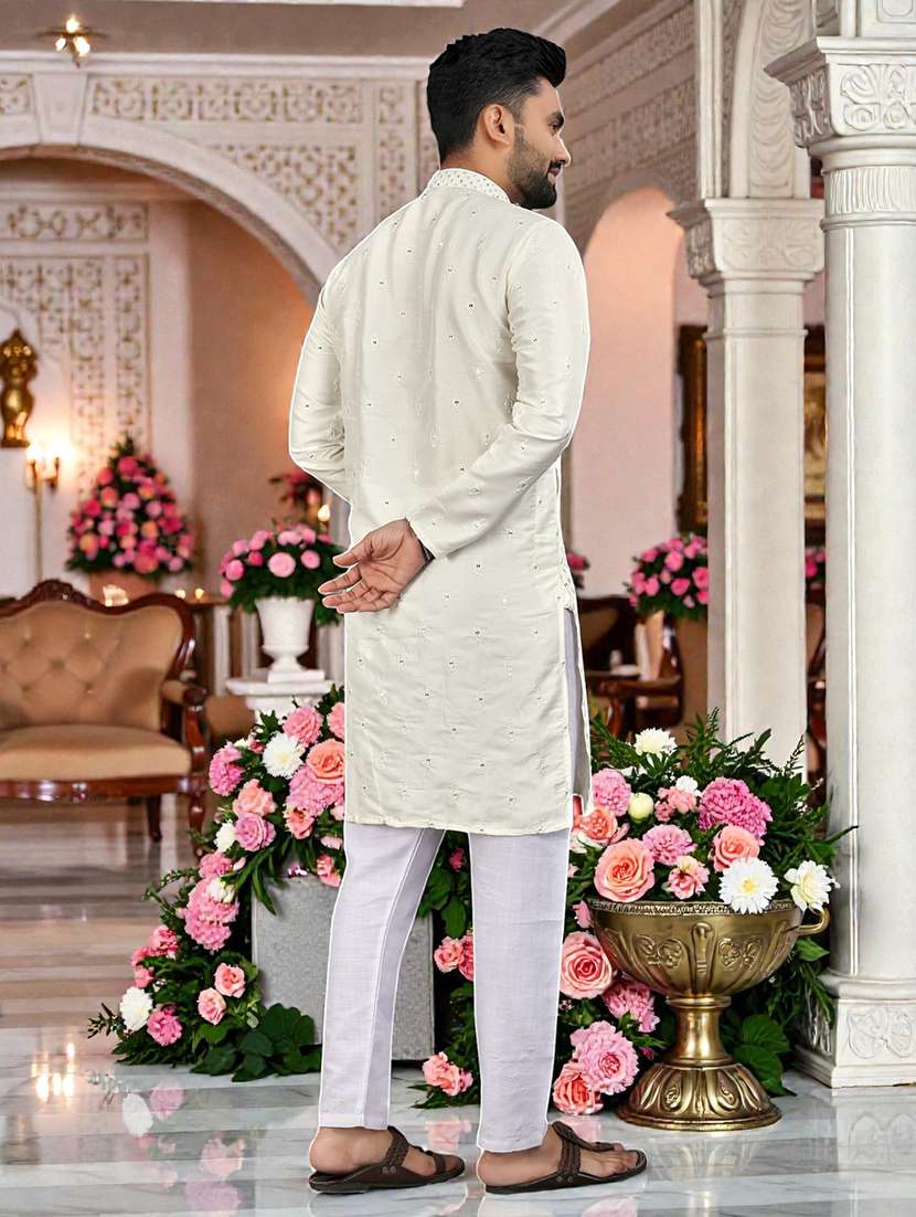 men solid with work mandarin neck long kurta - 22595179 -  Standard Image - 4