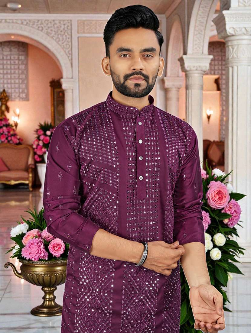 men solid with work mandarin neck long kurta - 22595180 -  Standard Image - 1