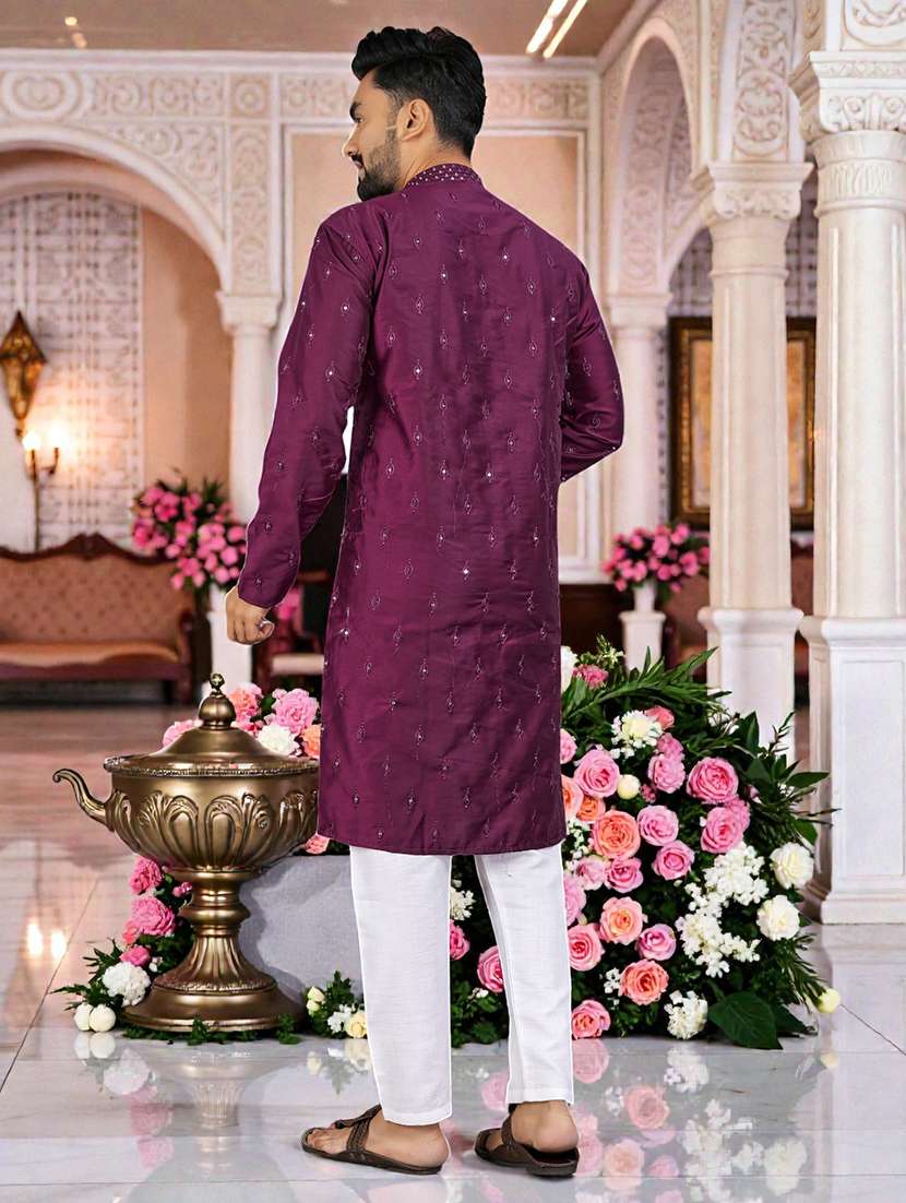 men solid with work mandarin neck long kurta - 22595180 -  Standard Image - 4