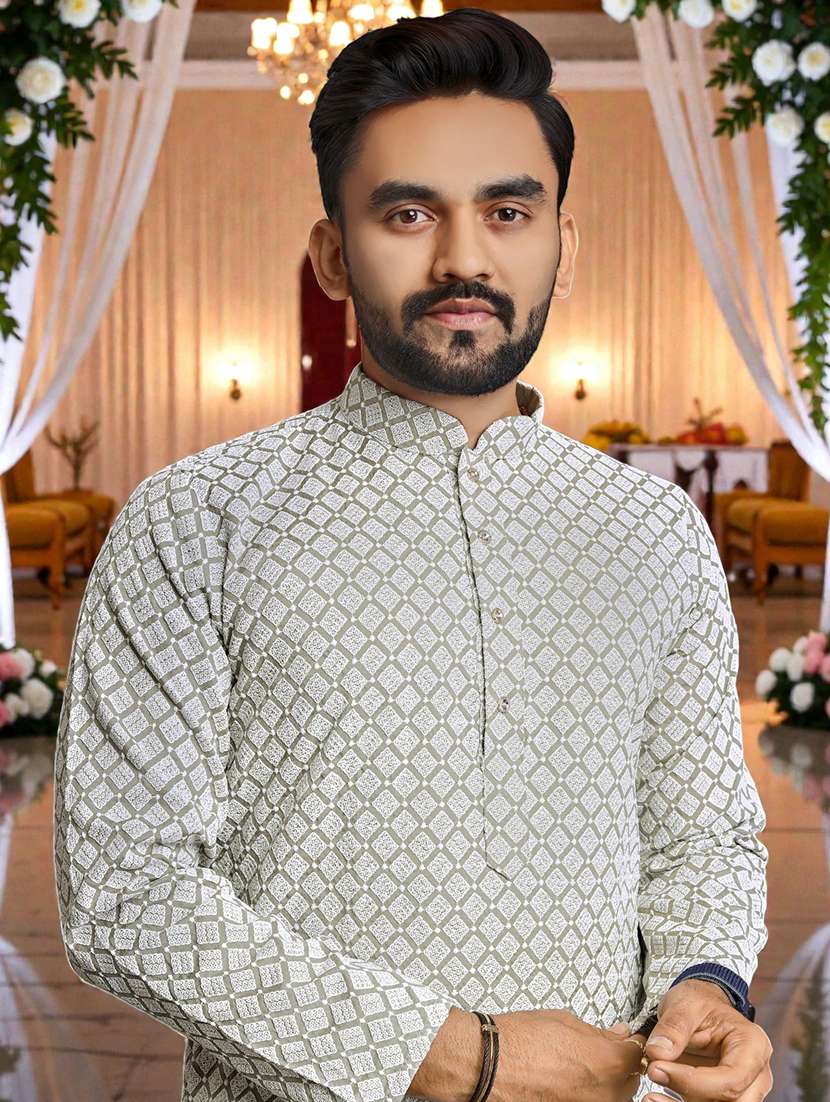 Men Solid With Work Mandarin Neck Long Kurta - 22595185 -  Standard Image - 1