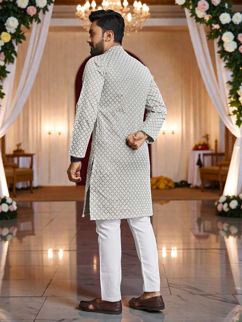 Men Solid With Work Mandarin Neck Long Kurta - 22595185 -  Standard Image - 4