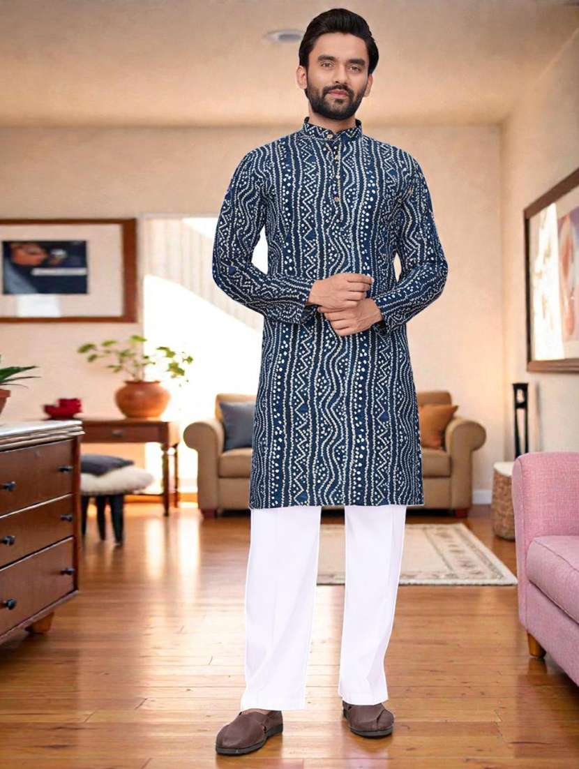 men printed mandarin neck long kurta - 22595194 -  Standard Image - 1