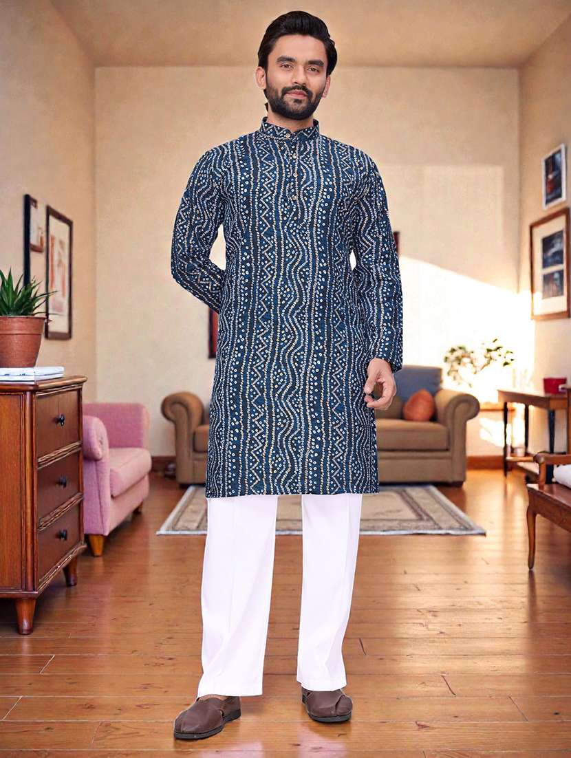 men bandhani printed mandarin neck long kurta - 22595199 -  Standard Image - 1