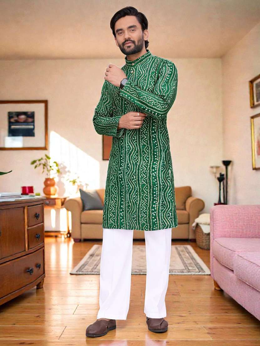 men bandhani printed mandarin neck long kurta - 22595200 -  Standard Image - 1