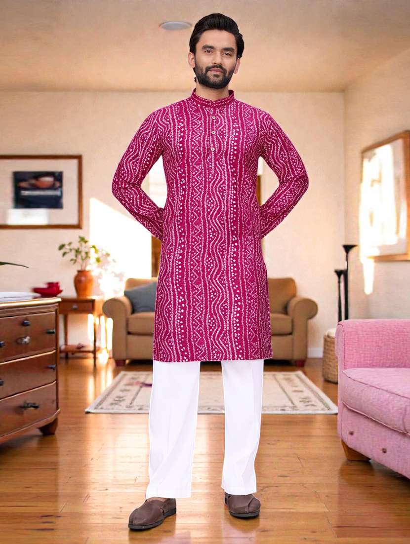 men bandhani printed mandarin neck long kurta - 22595202 -  Standard Image - 1