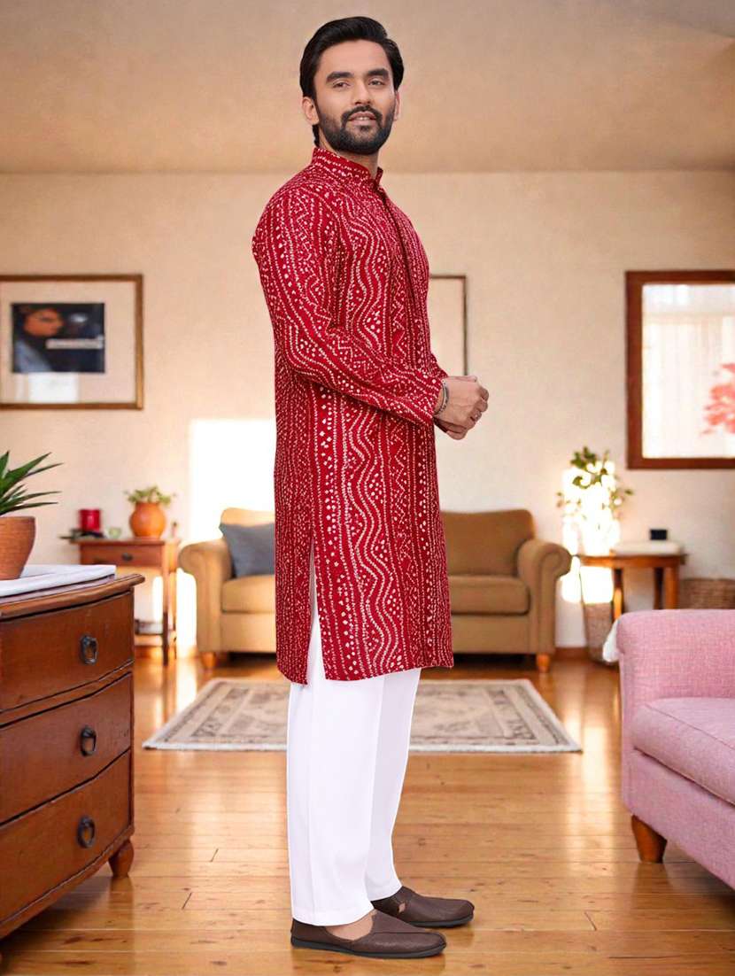 men bandhani printed mandarin neck long kurta - 22595205 -  Standard Image - 1