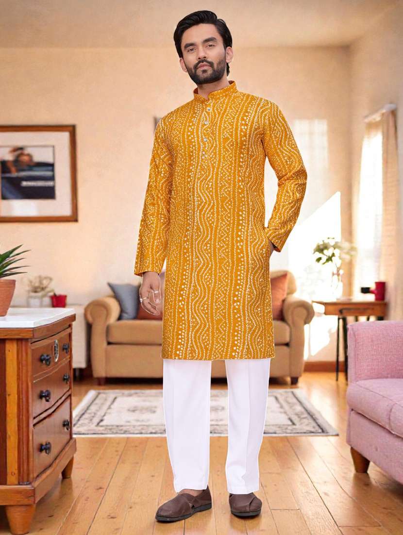 men bandhani printed mandarin neck long kurta - 22595208 -  Standard Image - 1