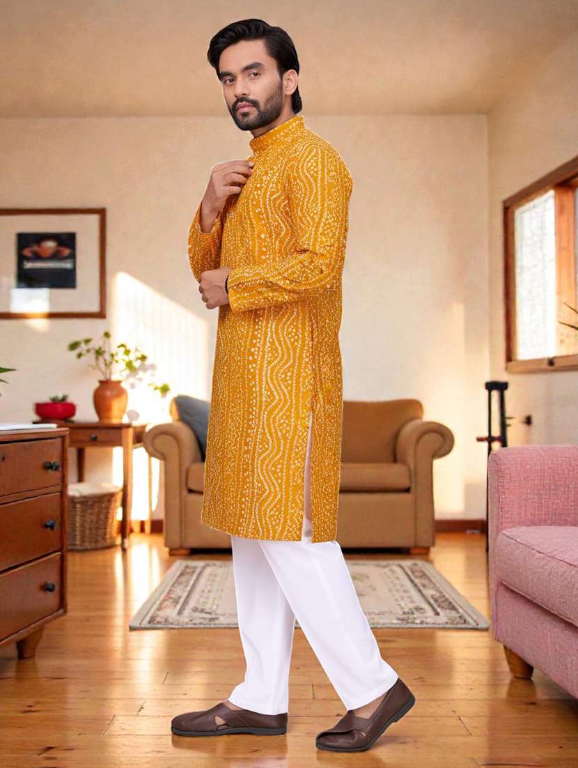 men bandhani printed mandarin neck long kurta - 22595208 -  Standard Image - 4