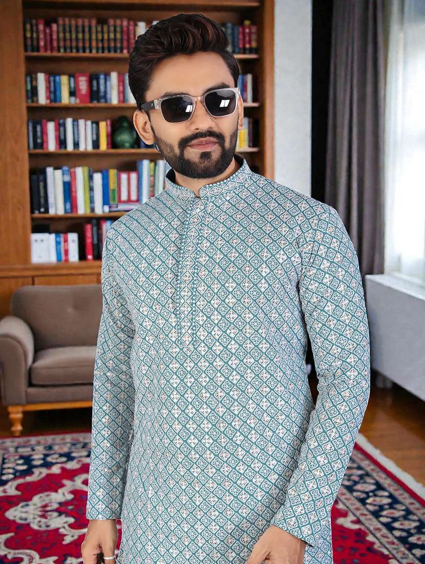 men solid with work mandarin neck long kurta - 22595218 -  Standard Image - 1