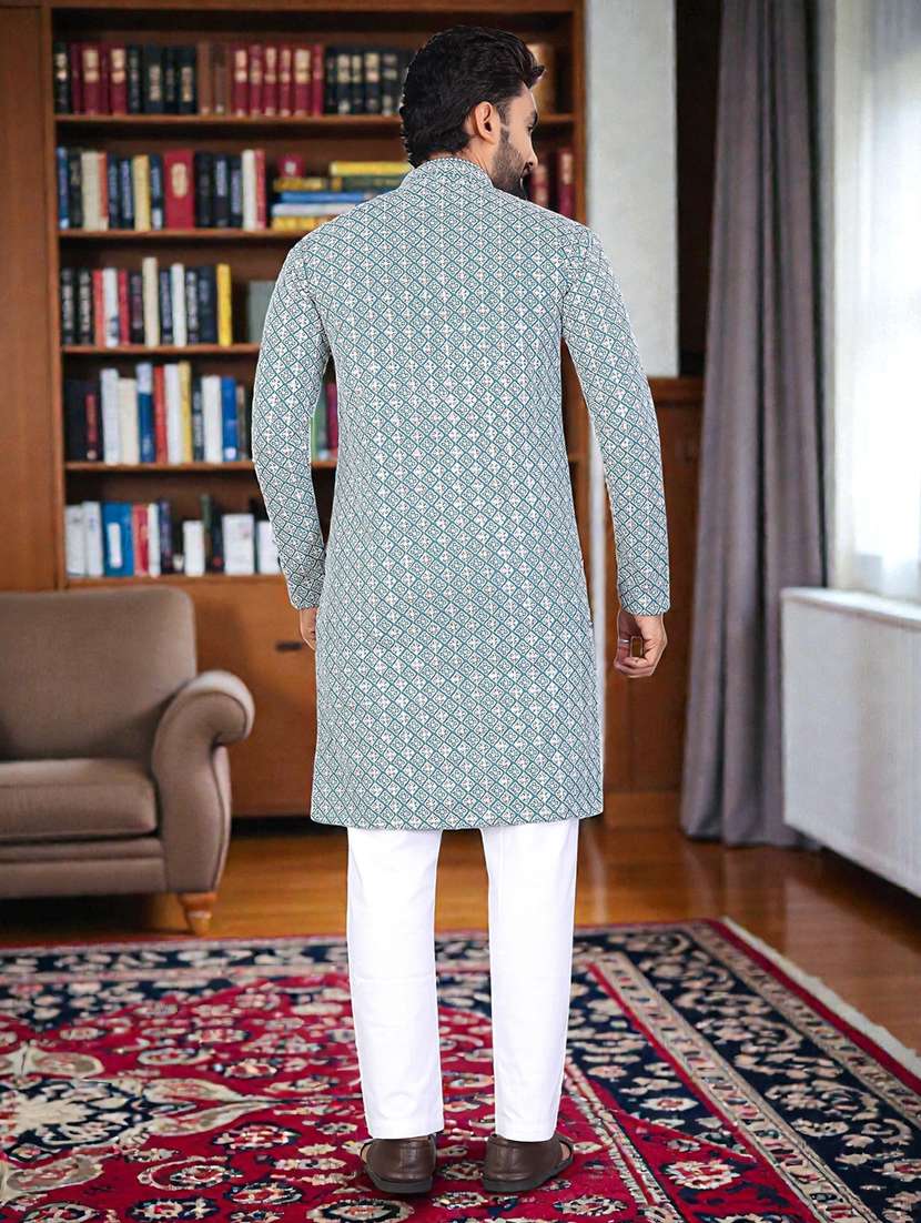 men solid with work mandarin neck long kurta - 22595218 -  Standard Image - 4