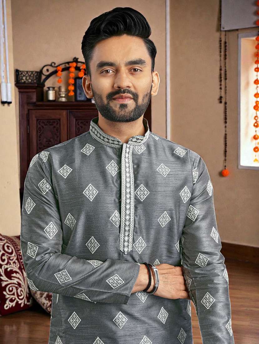 men solid with work mandarin neck long kurta - 22595252 -  Standard Image - 1