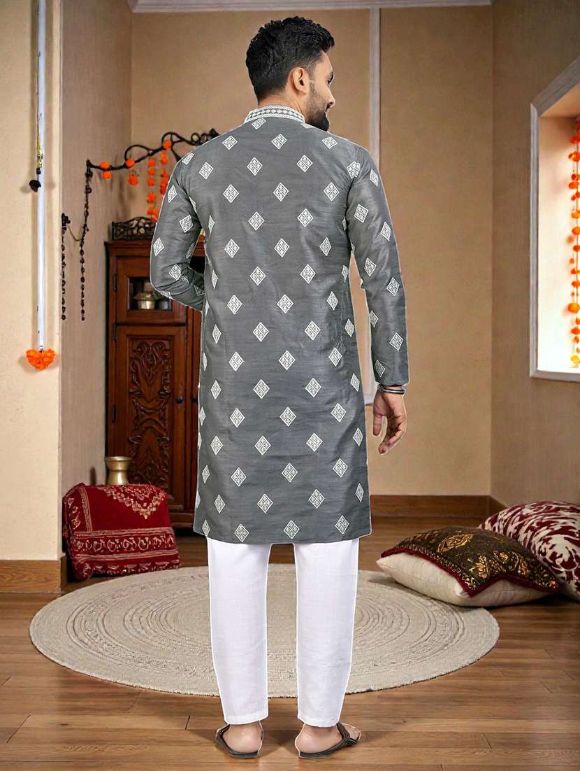 men solid with work mandarin neck long kurta - 22595252 -  Standard Image - 4