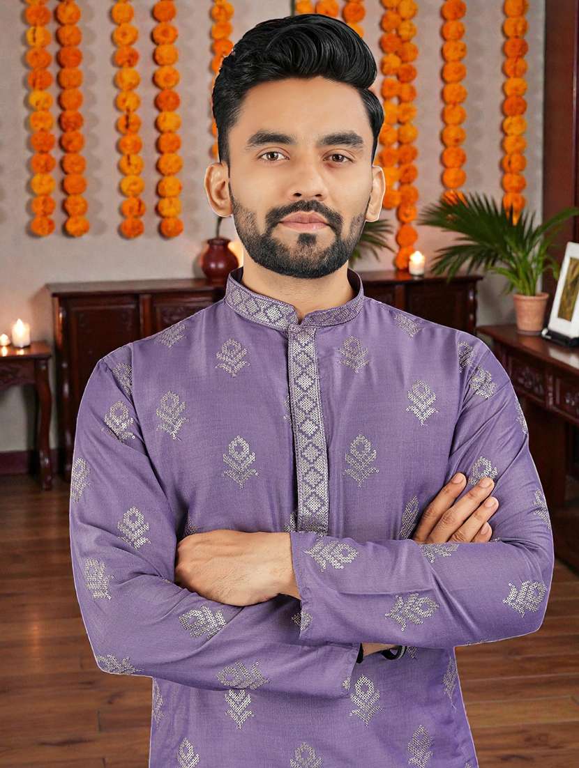 men solid with work mandarin neck long kurta - 22595258 -  Standard Image - 1