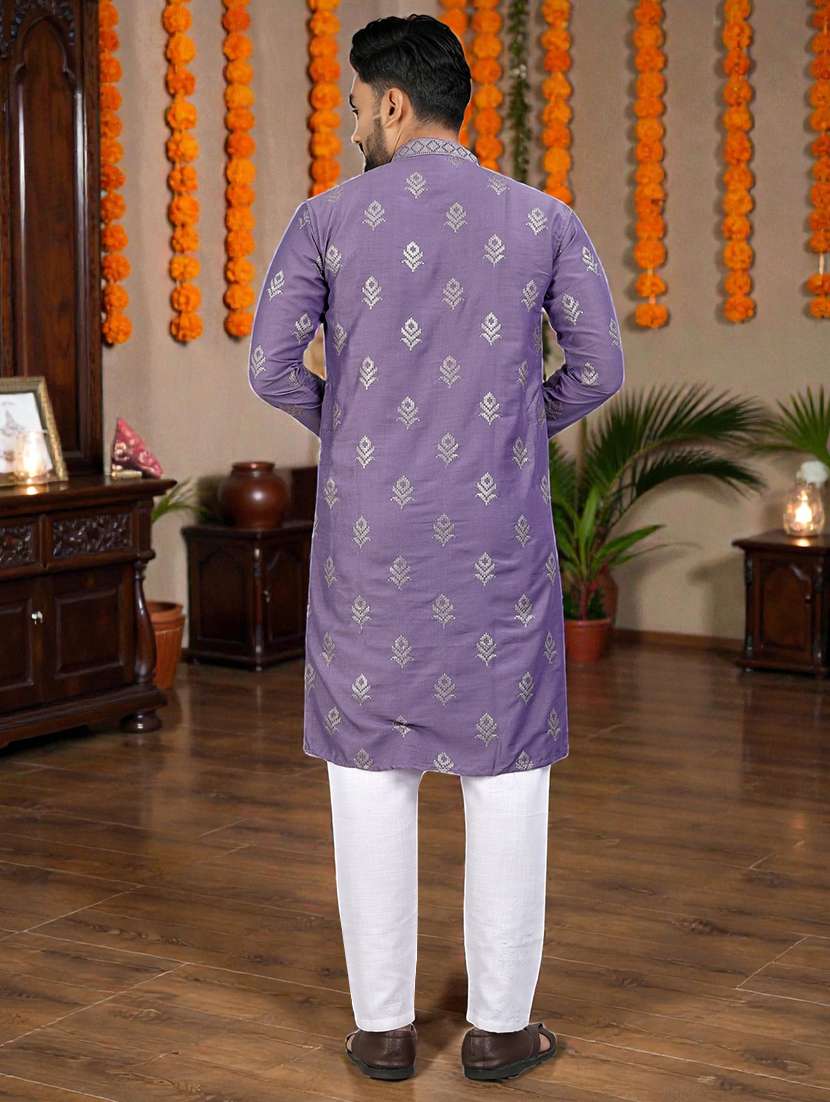 men solid with work mandarin neck long kurta - 22595258 -  Standard Image - 4