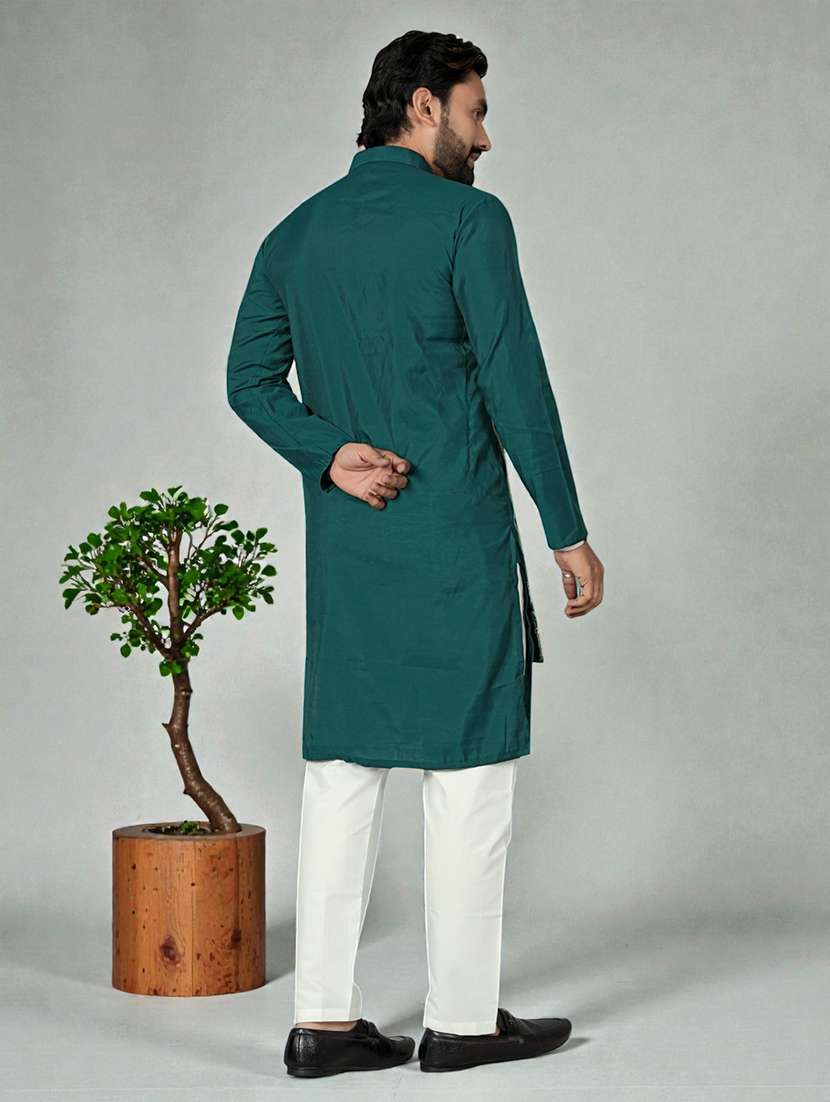Men Solid With Work Mandarin Neck Long Kurta - 22595266 -  Standard Image - 4